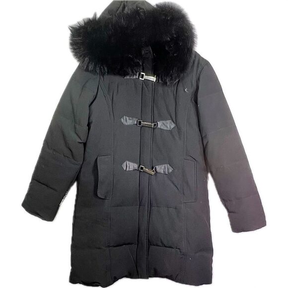 Larry Levine down, puffer coat with fox tail fur trim with flaws womens small - Picture 1 of 11